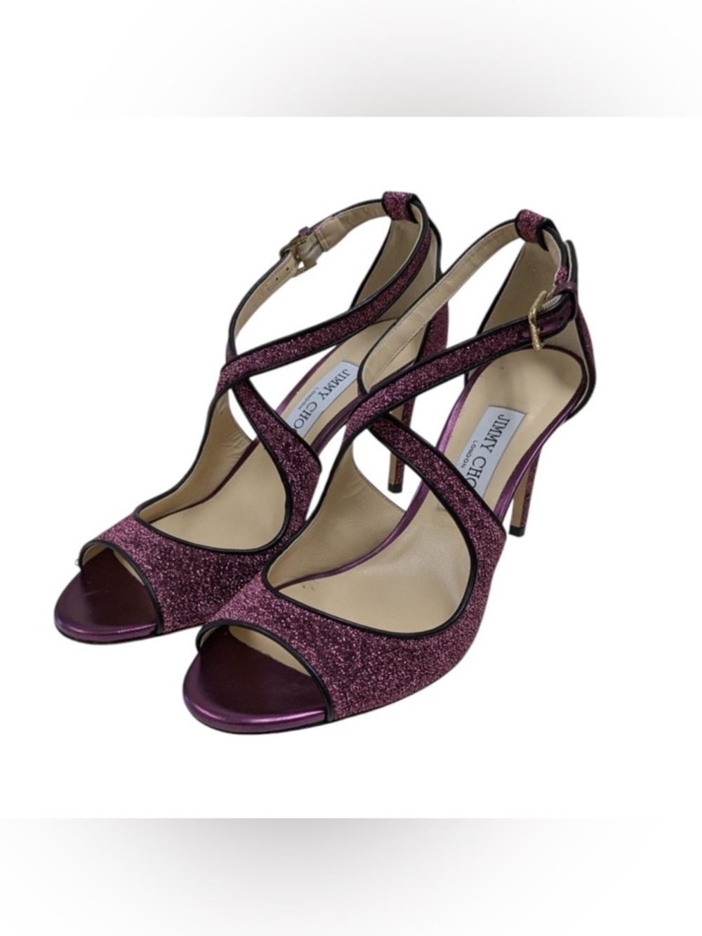 Jimmy Choo Metallic Purple Glitter Crisscross Open-Toe Heels